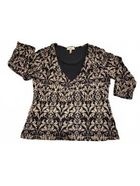 TOP Notations Women's Black and Gold Patterned 3/4 Sleeve Top XL